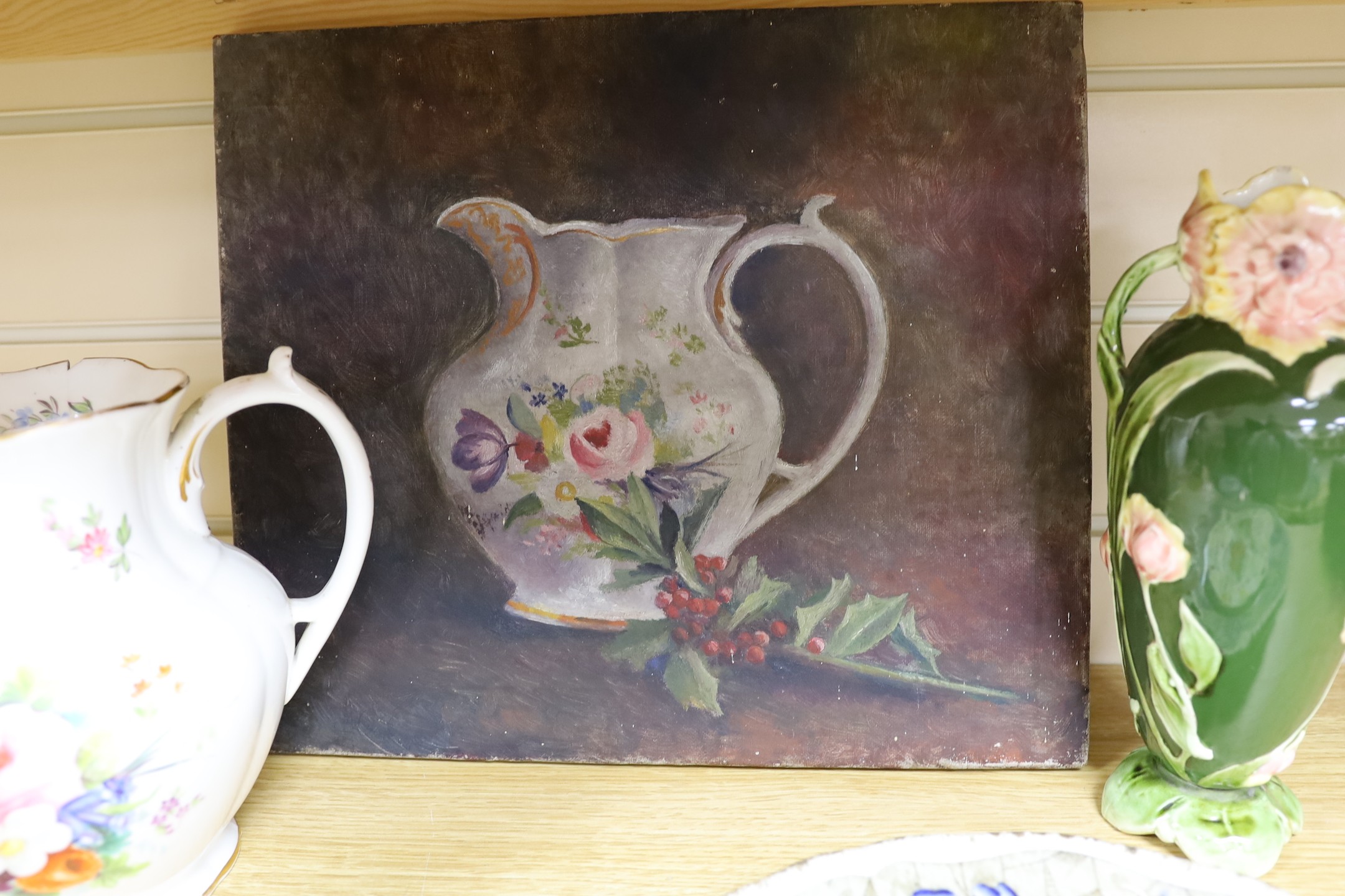 An early Victorian bone china jug, 19.5cm tall, related oil on canvas, three plates and continental vase